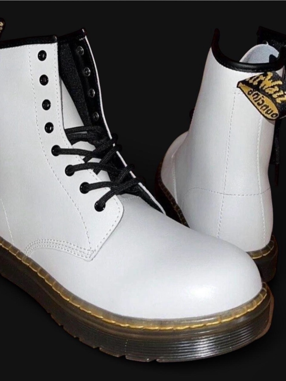 Dr. Martens White Leather Lace-Up Combat Boots with Black Trim